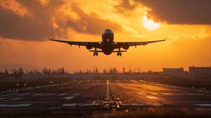 Naklejka premium Traffic at airport at golden sunset. Wide shot of passenger airplane taking off from runway.