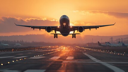 Naklejka premium Traffic at airport at golden sunset. Wide shot of passenger airplane taking off from runway.