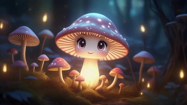 Whimsical cartoon mushroom character in a magical forest.