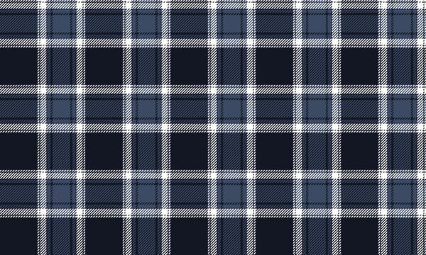 Seamless plaid fabric in navy blue, light blue, and white is perfect for fashion items like skirts, trousers, and shirts, creating a bright, classic look suitable for any occasion.