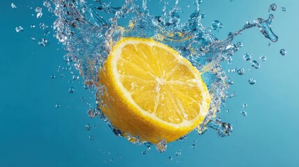 Splash of sliced lemon with water drops over blue background