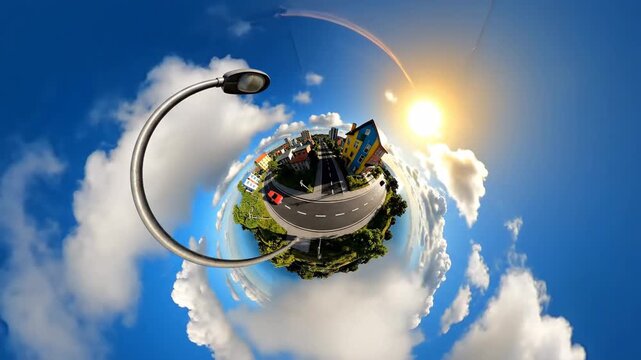 Tiny planet view of cityscape with clouds.