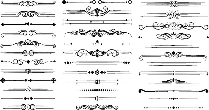 Set of Vintage  calligraphic design elements featuring ornate floral frames and retro scroll dividers for elegant page decoration and vector illustration