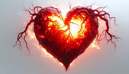 A glowing, burning heart with vascular-like tendrils against a smoky, bright background