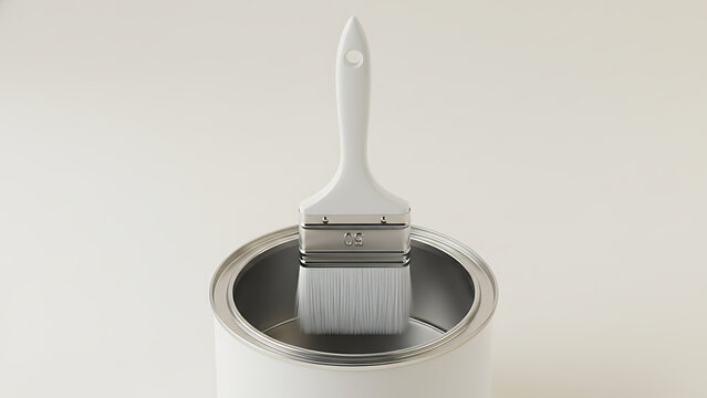 Paintbrush resting on an open white paint can, presenting a high key, monochrome minimalist composition. Color of 2026 year dancer in the white cloud, Interior Design, Renovation & Painting Aesthetics