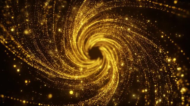 Golden swirling vortex with sparkling particles on dark background.
