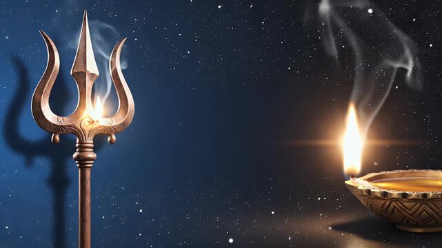 Shani Pradosh Vrat with Trishul and Oil Lamp under Night Sky Gradient