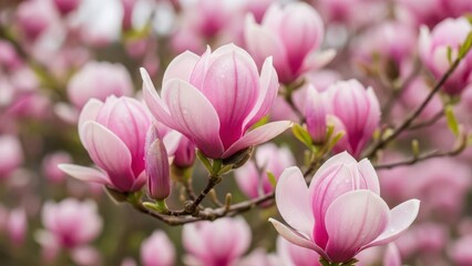Obraz premium wallpaper of blooming pink magnolia tree in garden during springtime