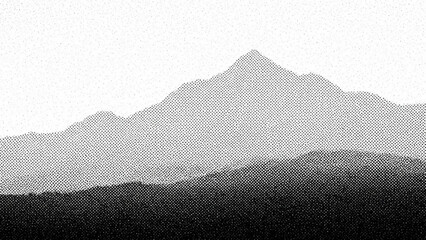A serene mountain landscape with a large mountain peak in the background and a dark forest in the foreground, rendered in a halftone