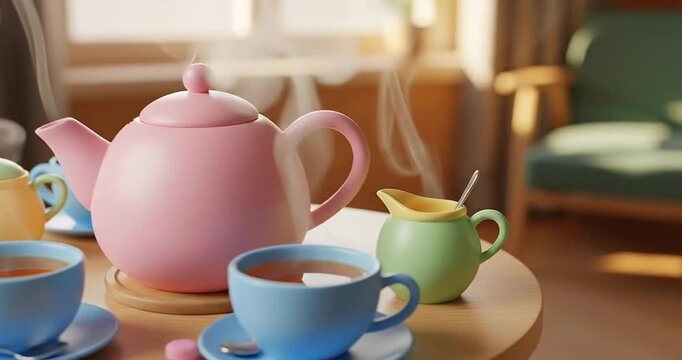 Colorful tea set with steaming cups on a wooden table in a cozy room with sunlight streaming in