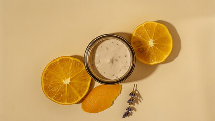 Cosmetic cream in jar with orange slices and lavender sprig on beige background