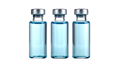 Three clear glass vials with a blue liquid, silver caps, on black