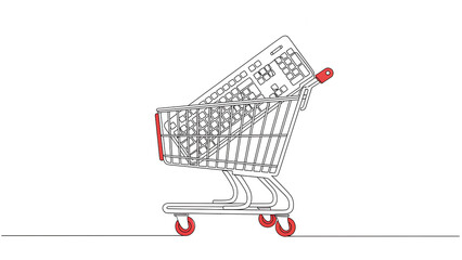 Single continuous line drawing shopping trolley containing keyboard. A very popular and versatile musical instrument. Singing melody. Buy A Musical Instrument Day. Music Art & Illustration theme