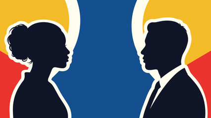 Profile silhouettes of man and woman on colorful background