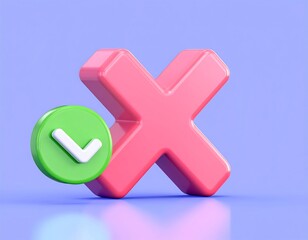 Obraz premium Green check mark beside red X on a blue background, softly lit and reflective