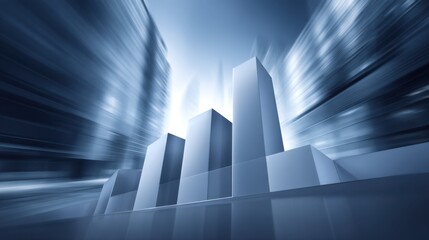 Abstract representation of financial growth with bars and blurred urban background, symbolizing success, progress, and modern business in blue tones