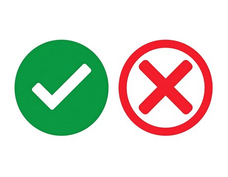 Green checkmark in circle, red x in circle, signifying correct/incorrect, yes/no