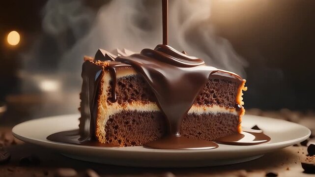Delicious chocolate cake slice with rich sauce on a plate