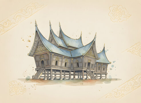 Watercolor illustration of Aceh traditional architecture with a transparent background