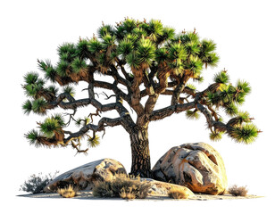 Iconic desert tree with rough bark, lush green foliage, and boulders