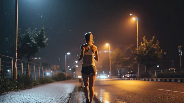 A woman running on a dimly lit street at night, wearing athletic gear and focused on her path ahead.
