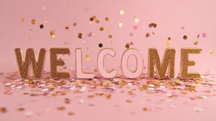 Sparkling Welcome Sign with Golden Letters and Pink Background