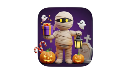 3D Cute Mummy with Lantern and Halloween Decorations on transparent background