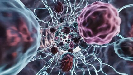 Abstract cell structures with flowing lines and sphere-like shapes in shades of blue, red and black - Powered by Adobe