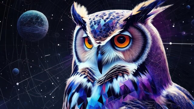 Owl in a stylized, digital space setting.  Geometric feathers, vibrant colors against a dark night sky filled with stars and planets