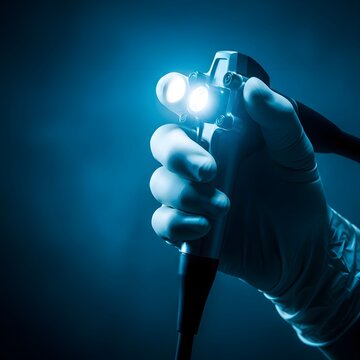 A hand grasping an endoscope with glowing light at the tip