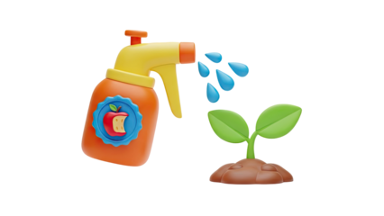 3D Sprayer watering a small plant on transparent background