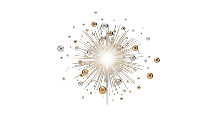 Abstract golden and silver starburst with spheres on transparent background