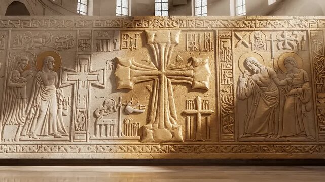 Sudan Coptic Epiphany Banner with Carved Stone Motifs and Soft Sunbeam Rays