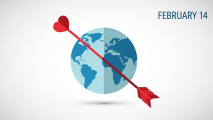 Valentine's day global love concept with heart arrow through earth globe on february 14, symbolizing international romance and affection