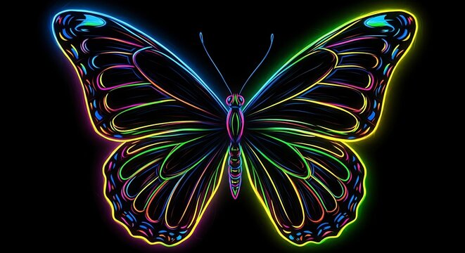 Vibrant neon butterfly illustration showcasing luminous glowing wings against a dark background