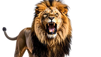 Obraz premium A majestic lion roars fiercely, showcasing its impressive mane and teeth against a clean white background. Captured in a dynamic pose