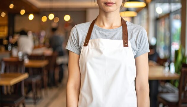 A close-up shot from the waist up of a person wearing a plain white apron with brown straps