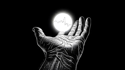 financial market analysis held in a hand as a glowing orb with a stock chart symbolizing data control and investment strategy.