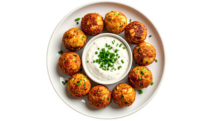 Appetizing fried balls around a bowl of sauce, garnished with herbs