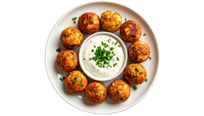Appetizing fried balls around a bowl of sauce, garnished with herbs