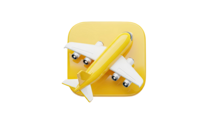 Yellow airplane icon on a shiny yellow background on transparent background