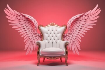 White armchair with large pink feathered wings on a red gradient background
