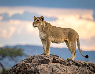 A majestic lioness stands proudly on a rocky outcrop, bathed in the warm light of a colorful sunrise