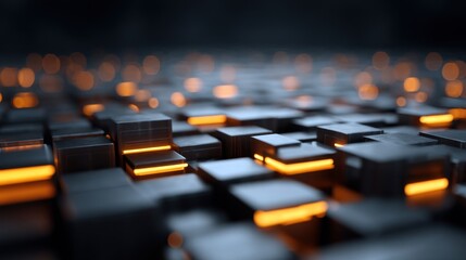 Obraz premium Abstract Background of Dark Metallic Blocks with Glowing Orange Details in a Futuristic and Technological Environment