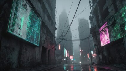Cyberpunk Cityscape - Neon Lights and Towering Buildings in the Mist.