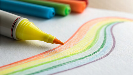 Closeup of yellow highlighter drawing a colorful rainbow wave line on white paper with other markers in background