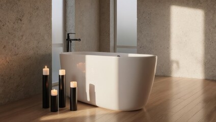 Minimalist Bathroom with Freestanding Tub and Ambient Lighting.