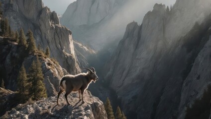 Mountain Goat on Rocky Peak Overlooking Scenic Valley.