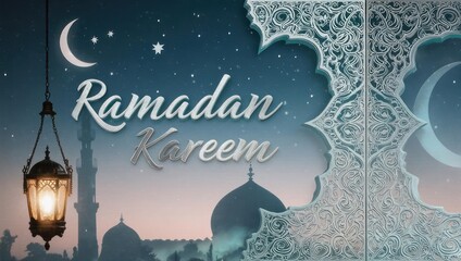 Ramadan Kareem Celebration with Mosque Silhouette and Crescent Moon.