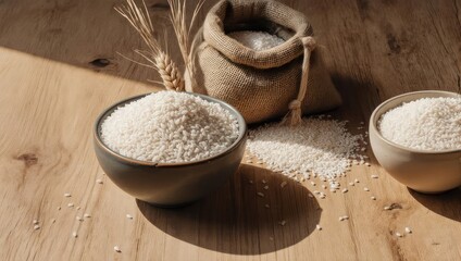 Rice Bowls and Burlap Sack on Wooden Table.